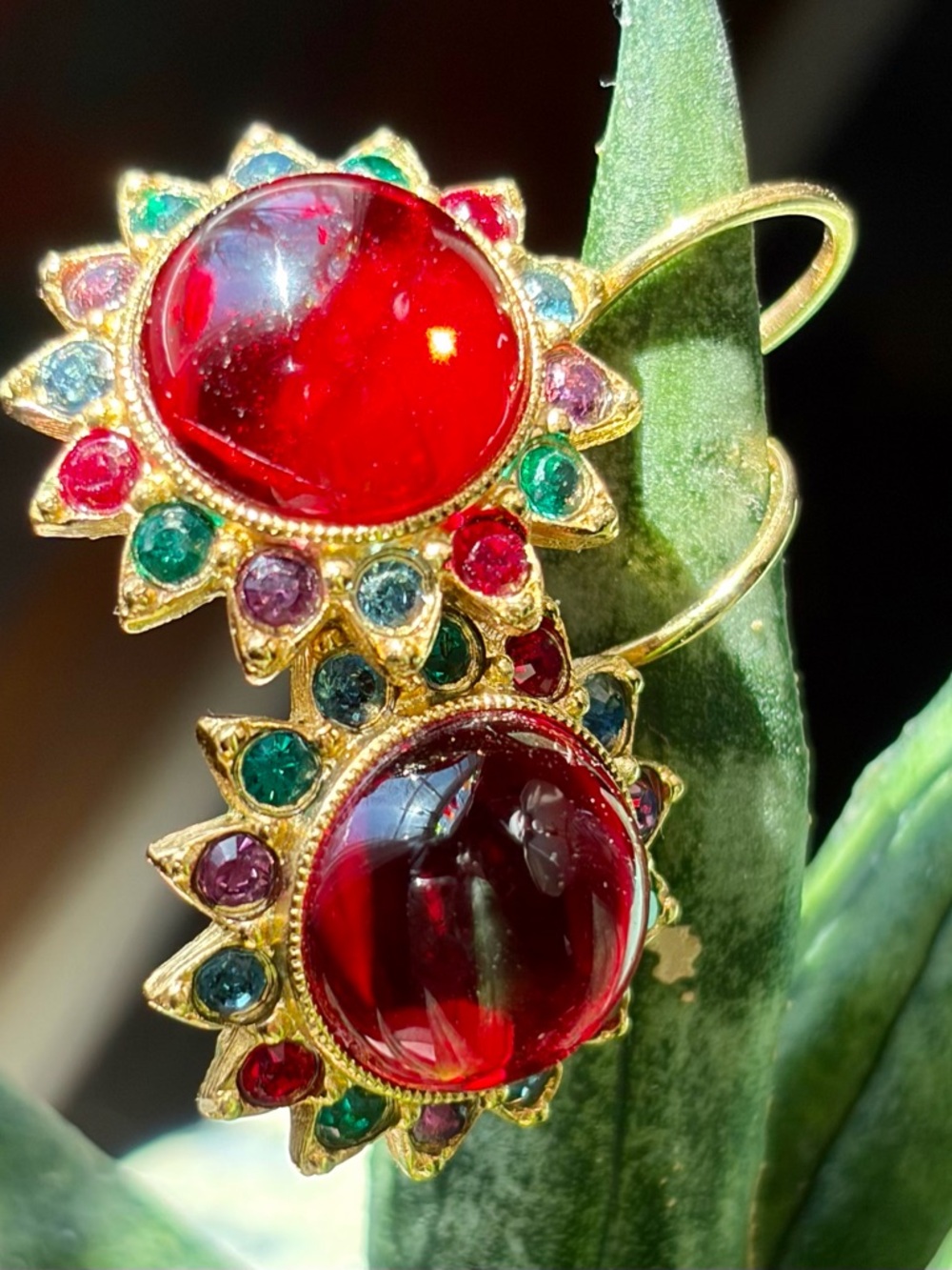 J.R. Gold-Tone Red Cabochon Sunburst Earrings with Multicolor Accent Stones - Picture 3 of 6